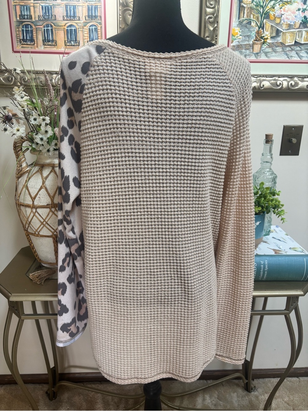BiBi Waffle Knit Leopard Print Color-Block V-Neck Relaxed Casual Top Size Large - Picture 5 of 9